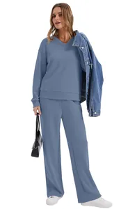 Premium dusty blue two-piece casual lounge set for women featuring V-neck top and wide-leg pants