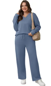 Stylish women's casual two-piece lounge set with V-neck top and drawstring pants