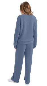 Full back view of a blue women's casual long sleeve sweatshirt and wide leg pants set