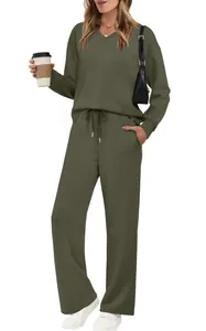 Women's olive green 2-piece lounge set with V-neck long sleeve top and wide-leg pants.