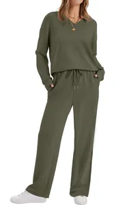 Close-up detail of women's long-sleeve drawstring loungewear set in olive green