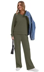 Professional model wearing a casual olive green long-sleeve two-piece loungewear set