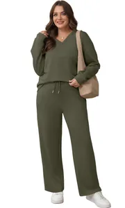 Women's two-piece olive green leisure set with V-neck top and drawstring pants