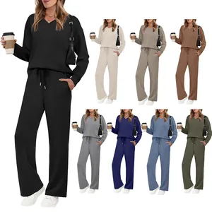 Women Casual Solid Color V Neck Long Sleeve Top And Drawstring Pants Outfit Commuter Comfortable Loungewear Tracksuit