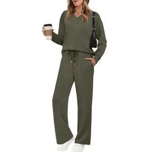 Women's stylish olive green two-piece loungewear set with v-neck top and drawstring pants