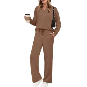 Women's casual 2-piece lounge set with V-neck long sleeve top and drawstring pants