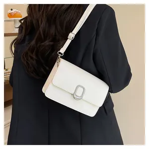 Fashionable white crossbody small square bag with silver metal oval buckle for women