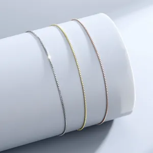 Three elegant S925 sterling silver box chain bracelets in silver, gold and rose gold tones.