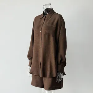 Dark brown linen-like long sleeve shirt and matching shorts casual set for women