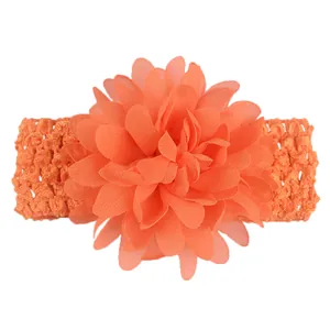 Vibrant orange chiffon flower baby headband with comfortable crocheted elastic band.