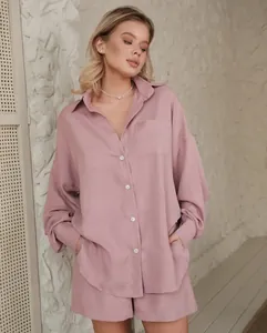 Chic dusty pink oversized linen shirt and shorts set for summer vacations.