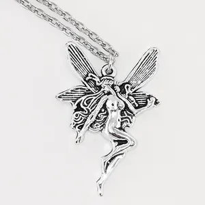 Vintage silver butterfly fairy pendant necklace with intricate wing engraving detail