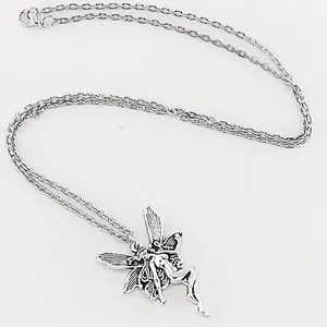 Silver gothic fairy angel wing pendant necklace for women's Y2K aesthetic jewelry