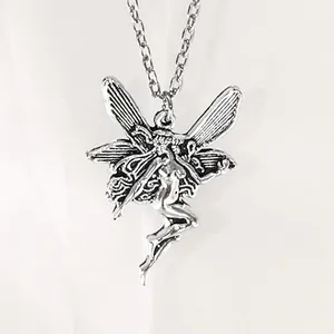 Detailed silver gothic fairy angel pendant necklace with intricate wing textures Y2K