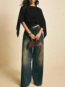 Elegante koffiebruine chiffon blouse met cape-mouwen en onregelmatige zoom en ronde hals
