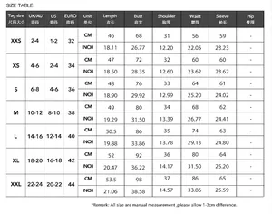 Detailed size chart for women's Y2K slim fit long-sleeve T-shirt in CM and INCH.