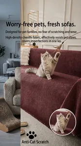 Durable wine red chenille sofa cover showing cat-scratch resistant fabric detail.