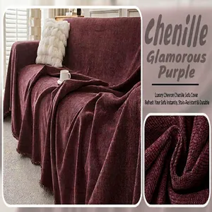 Close-up detail of luxury chevron chenille sofa cover fabric in glamour purple color