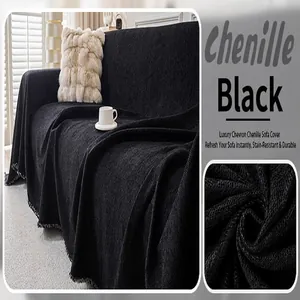 Detailed view of a luxury black Chevron Chenille sofa cover with soft texture.