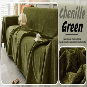 Close-up detail of green chenille sofa cover with luxury chevron texture on couch