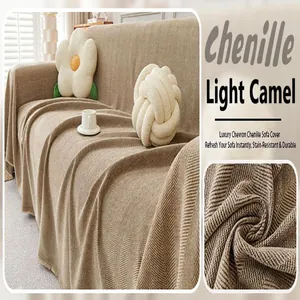 Detailed texture view of the luxury chevron chenille sofa cover in light camel color