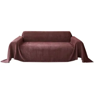 Durable solid burgundy chenille sofa throw cover for anti-cat scratch protection