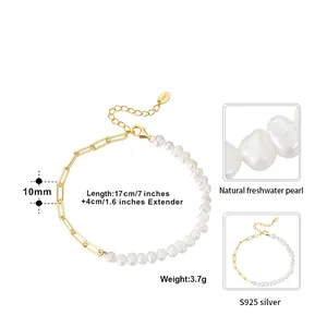 Bracelet en argent S925 avec chaîne trombone et perles d'eau douce baroques naturelles