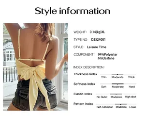 Detail view of a yellow backless camisole with bow tie and product specifications