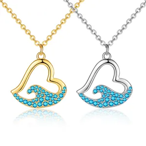 Elegant Ocean Wave Heart Pendant Necklace Copper With Blue Zircon Rhinestone Inlay For Women Girls Light Luxury Jewelry