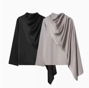 Blouse En Satin Femme Drapé Asymétrique Col Montant Plissé Manches Longues Élégant Minimaliste Acétate Design Châle Top