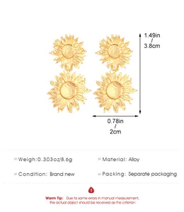 Detailed view of gold sunflower earrings with size and weight specifications