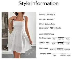 Detailed product specifications for white elegant halter mini dress with material info