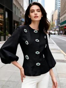 Camicia Elegante Francese Girocollo Con Maniche a Lanterna Top Donna Tinta Unita Con Bottoni In Pietre Preziose Verdi