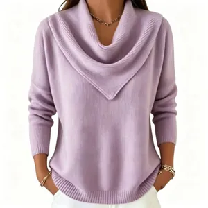 Lavender cowl neck knit sweater for women, elegant long sleeve autumn winter top