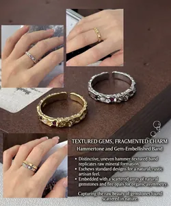 Bague réglable en argent S925 avec texture de lave et pierres colorées