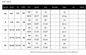 Detailed size chart for Y2K lace patchwork t-shirt camisole in CM and INCH measurements