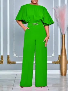 Women Elegant Solid Color High Waist Wide Leg Jumpsuit With Round Neck Cape Sleeve Party Banquet Professional Clubwear Romper