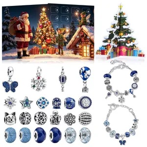 Christmas Advent Calendar Jewelry Making Set Blue Silver Zinc Alloy 24 Days Countdown Bracelet Charms Gift Box For Girls Women
