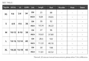 Size guide for sexy Y2K solid color camisole with cm and inch measurements