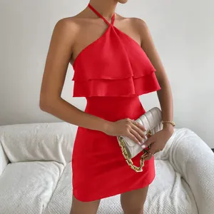 Elegant red halter neck bodycon mini dress featuring tiered ruffles and a backless design