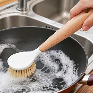 Professional long handle wooden kitchen brush for effective pot cleaning in sink