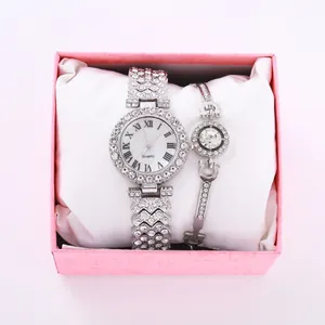 Elegante orologio al quarzo da donna con strass argento e bracciale con numeri romani