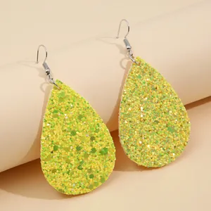 Sparkling yellow teardrop faux leather earrings with vibrant glitter sequins for women