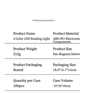 Detailed product specifications and parameters for eye protection LED reading light