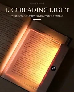 Flat LED reading light with warm glow illuminating book pages in dark