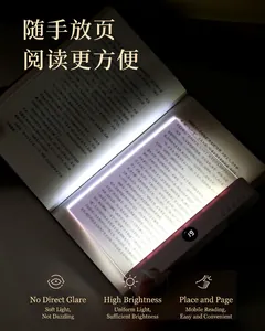Portable flat panel LED book reading light illuminating text pages in a dark environment