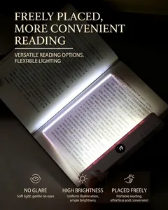 Portable flat panel LED book reading light illuminating text pages in a dark environment