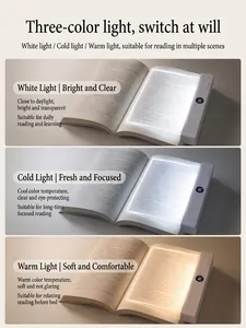 Triple lighting mode comparison of portable LED flat book light for night reading.