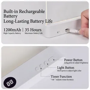 Close-up detail of a portable flat reading light with 1200mAh battery and controls