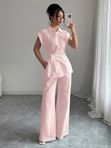 Elegant pink short sleeve shirt and wide leg pants two-piece set with waist tie